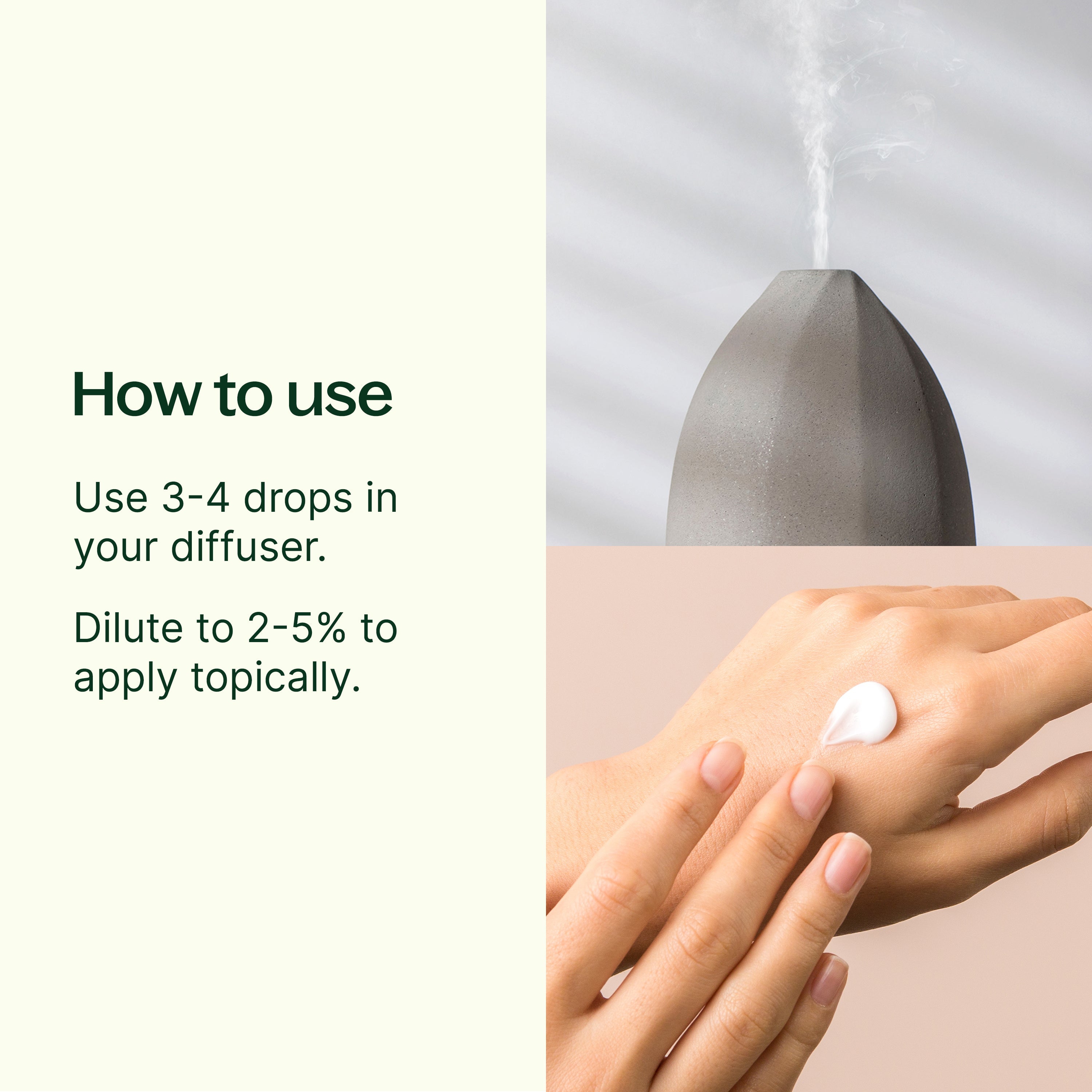 Hand applying a droplet of essential oil to wrist with diffuser in background