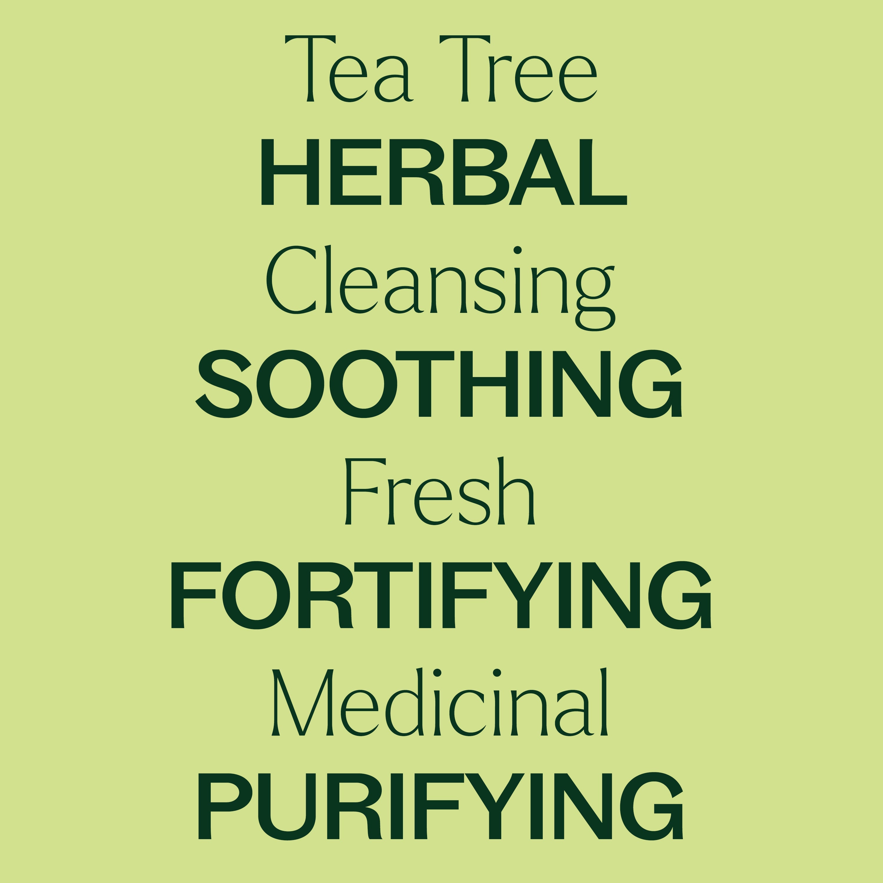 Text on a green background describing the properties of tea tree herbal products.