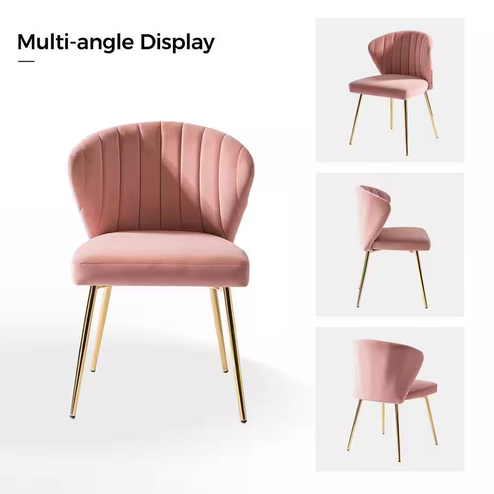 Pink velvet chair with gold legs shown from multiple angles on a white background.