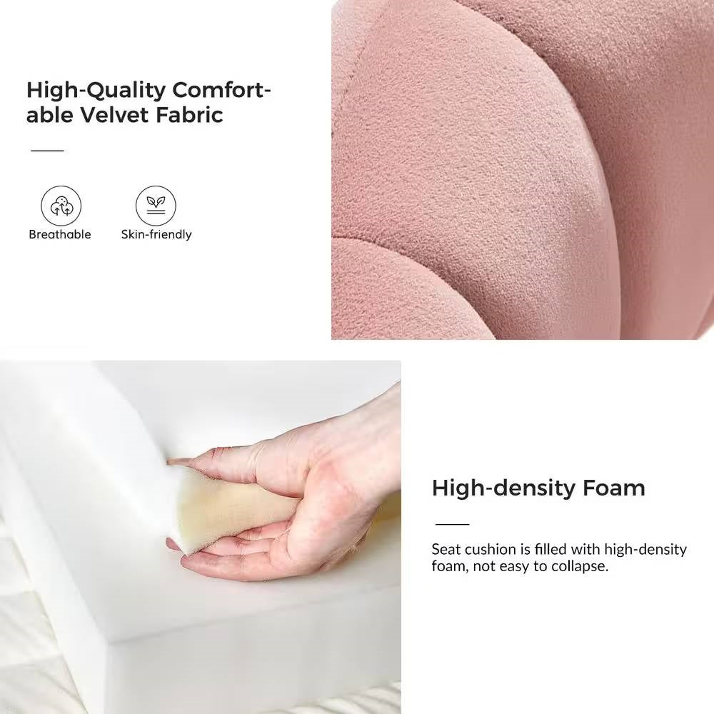 Text and close-up images of high-quality comfortable velvet fabric and high-density foam seat cushion.