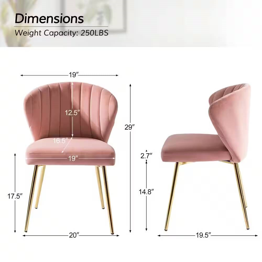 Pink chair with gold legs and dimensions displayed on a white background