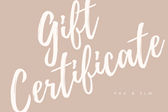 Gift certificate text on a beige background with 'PAX & ELM' branding.
