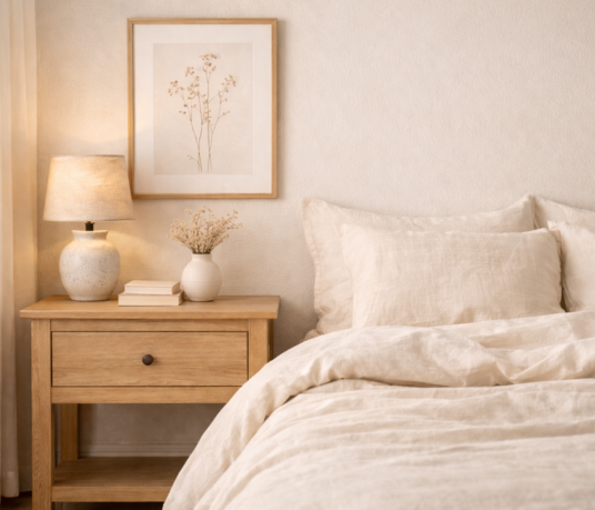 Neatly made bed with beige bedding in a bedroom setting.