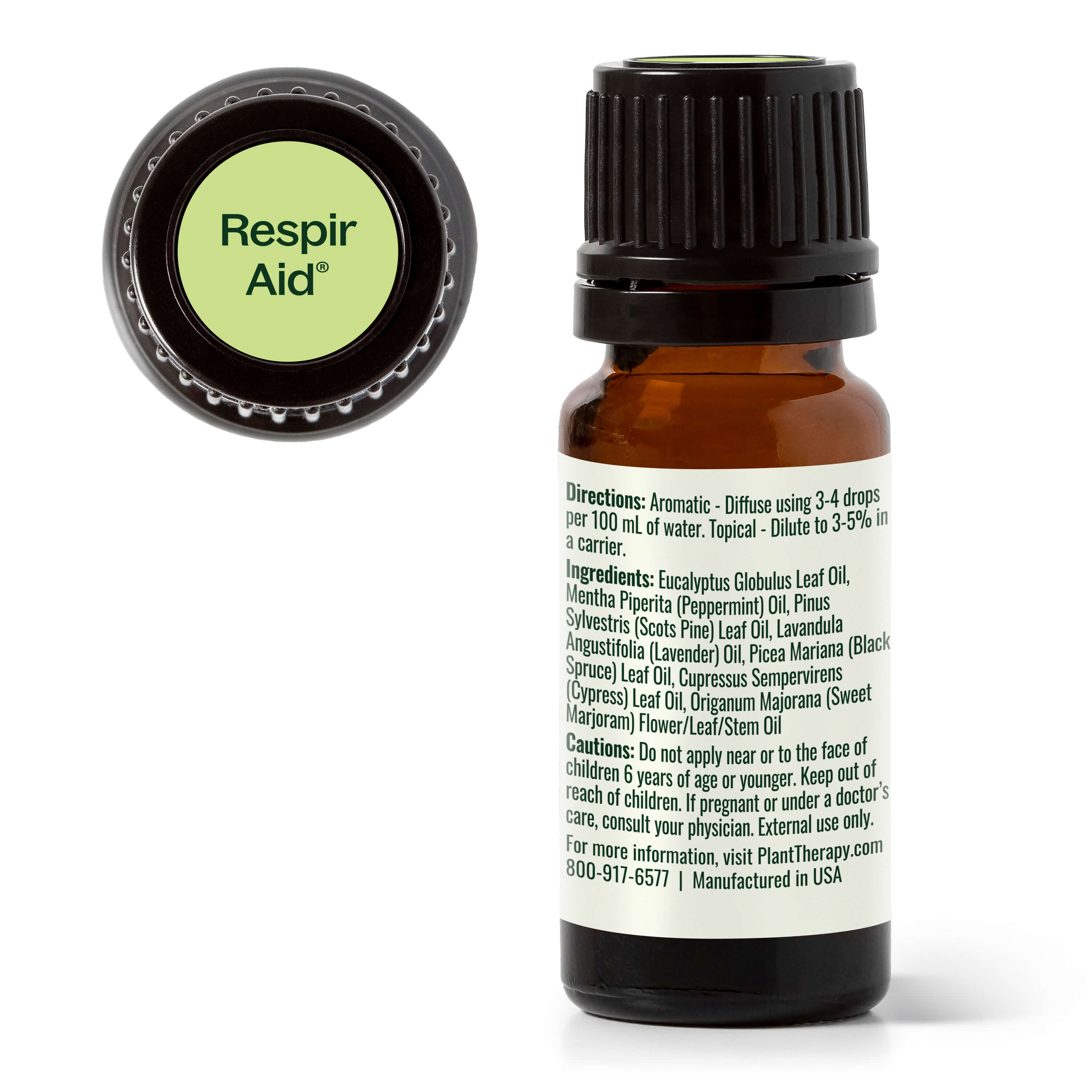 Respir Aid essential oil bottle with label on a white background
