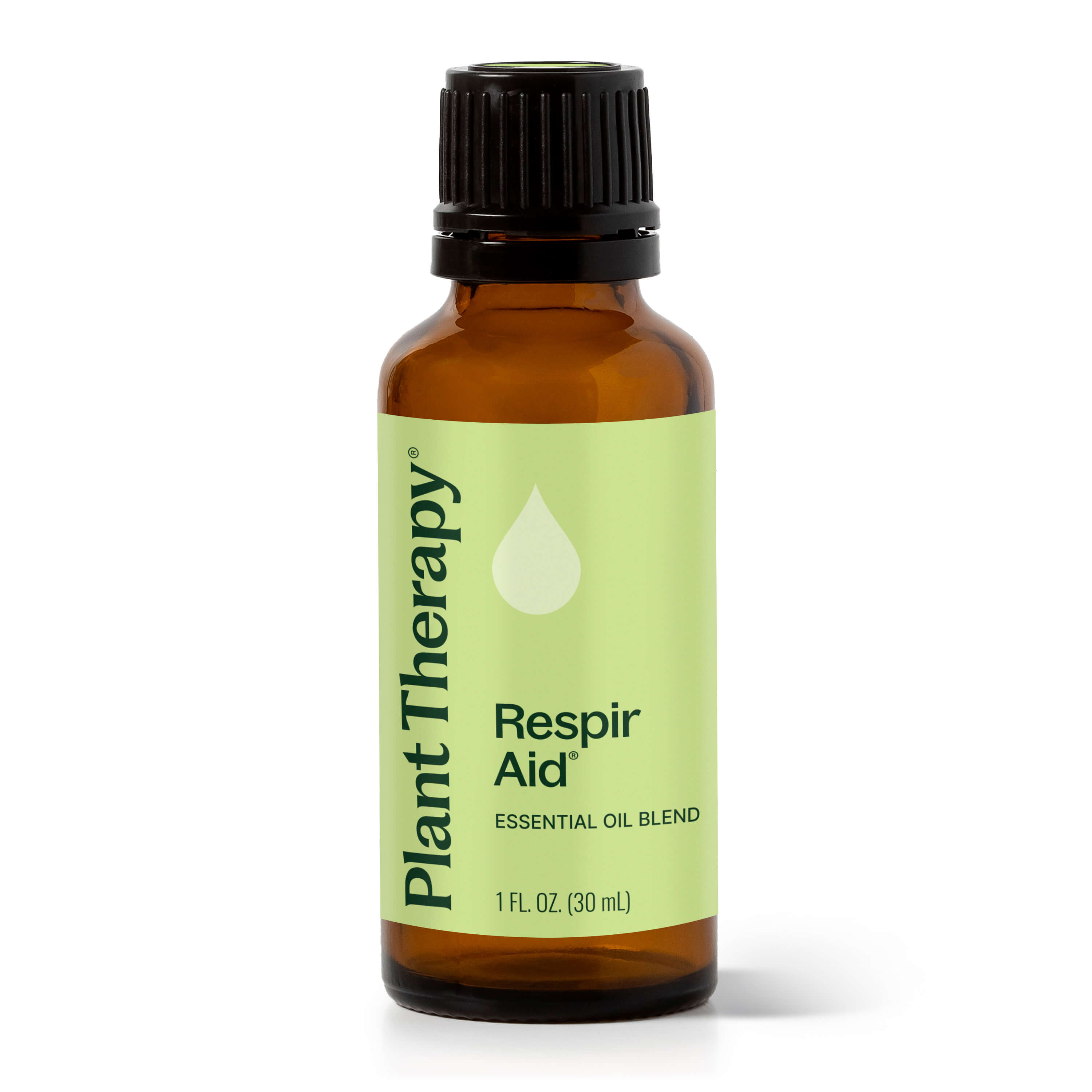 Bottle of Plant Therapy Respir Aid essential oil blend on a white background