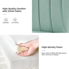 Text and images highlighting high-quality comfort fabric and high-density foam in a product description.