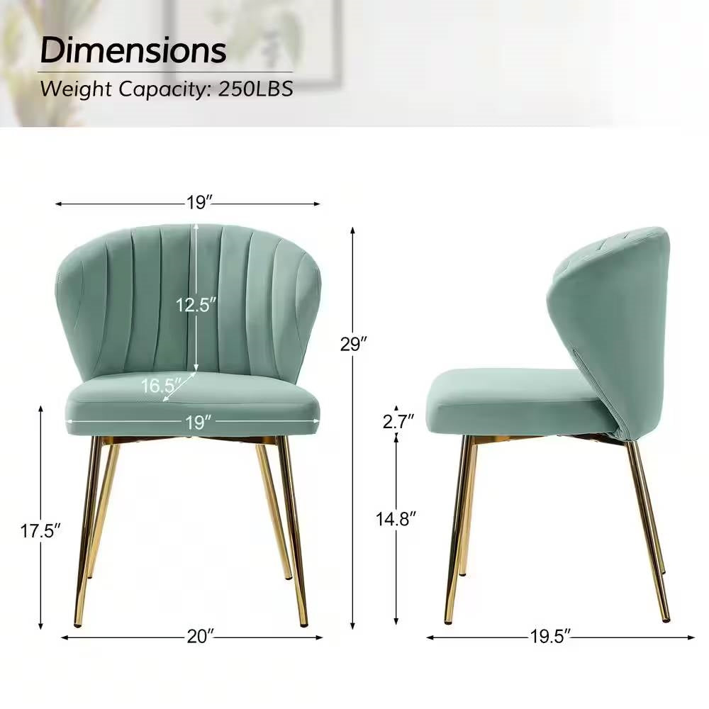 Dimensions of a light blue chair with gold legs on a white background