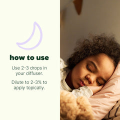 Person sleeping with a teddy bear, overlaid with text on how to use a product.