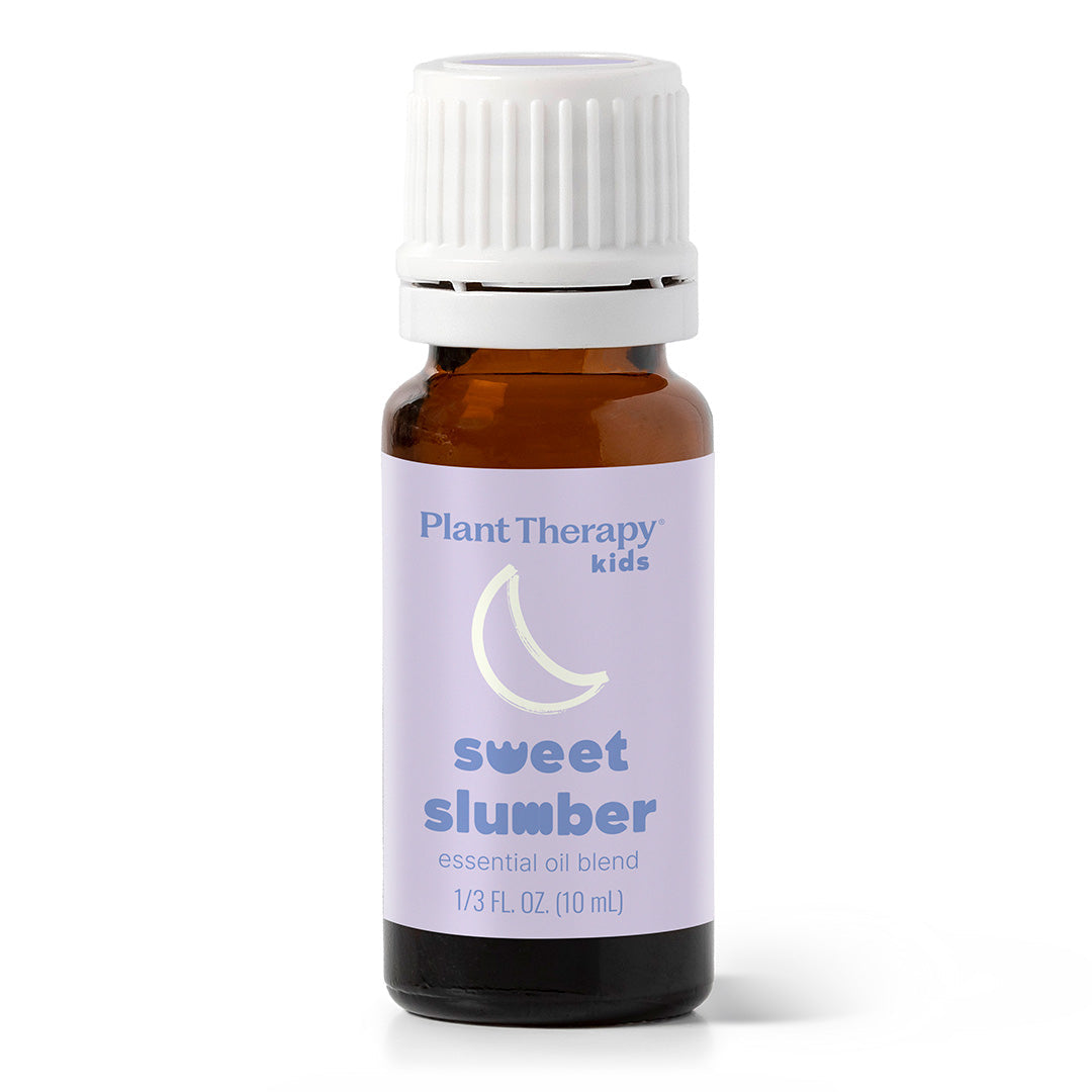 Bottle of Plant Therapy Kids Sweet Slumber essential oil blend on a white background