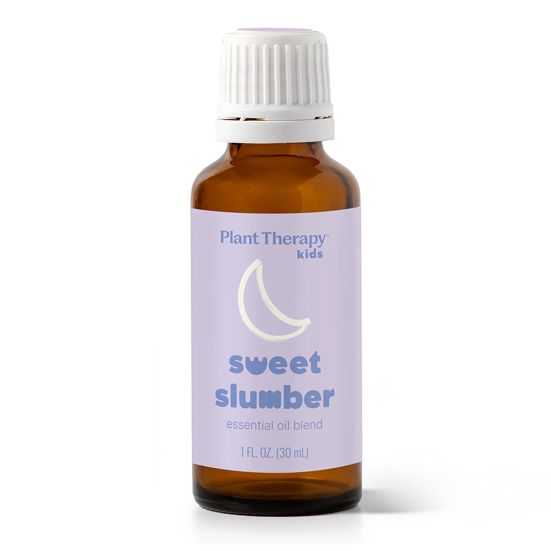 Bottle of Plant Therapy Kids Sweet Slumber essential oil blend on a white background