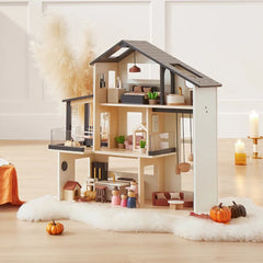 Tiny Land Sweetwood Edge wooden dollhouse with multi-level rooms and modern design on white background