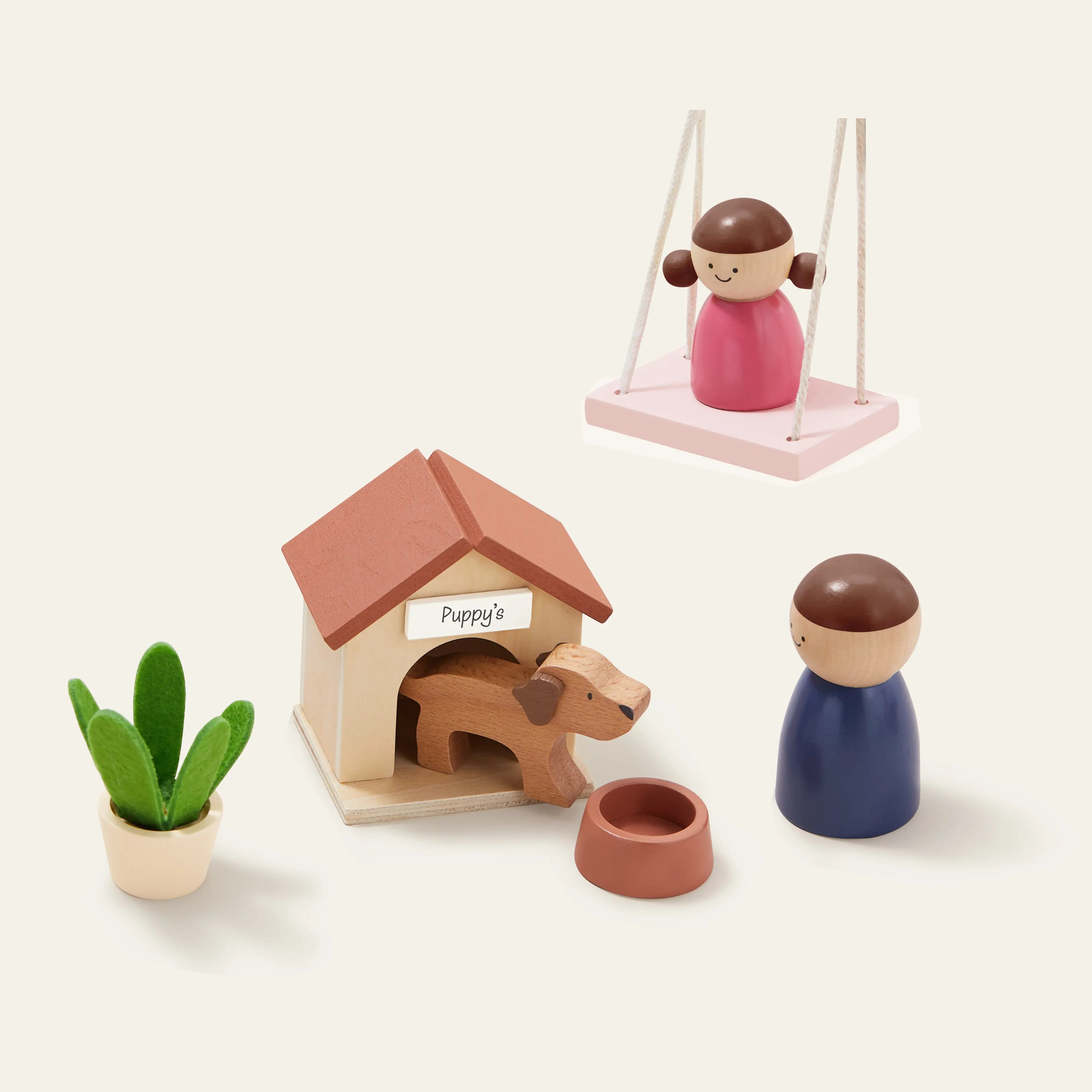 Child and parent playing together with Sweetwood Edge wooden dollhouse and miniature accessories