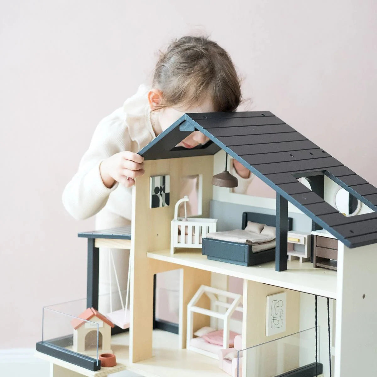 Sweetwood Edge wooden dollhouse balcony detail with miniature decor and accessories