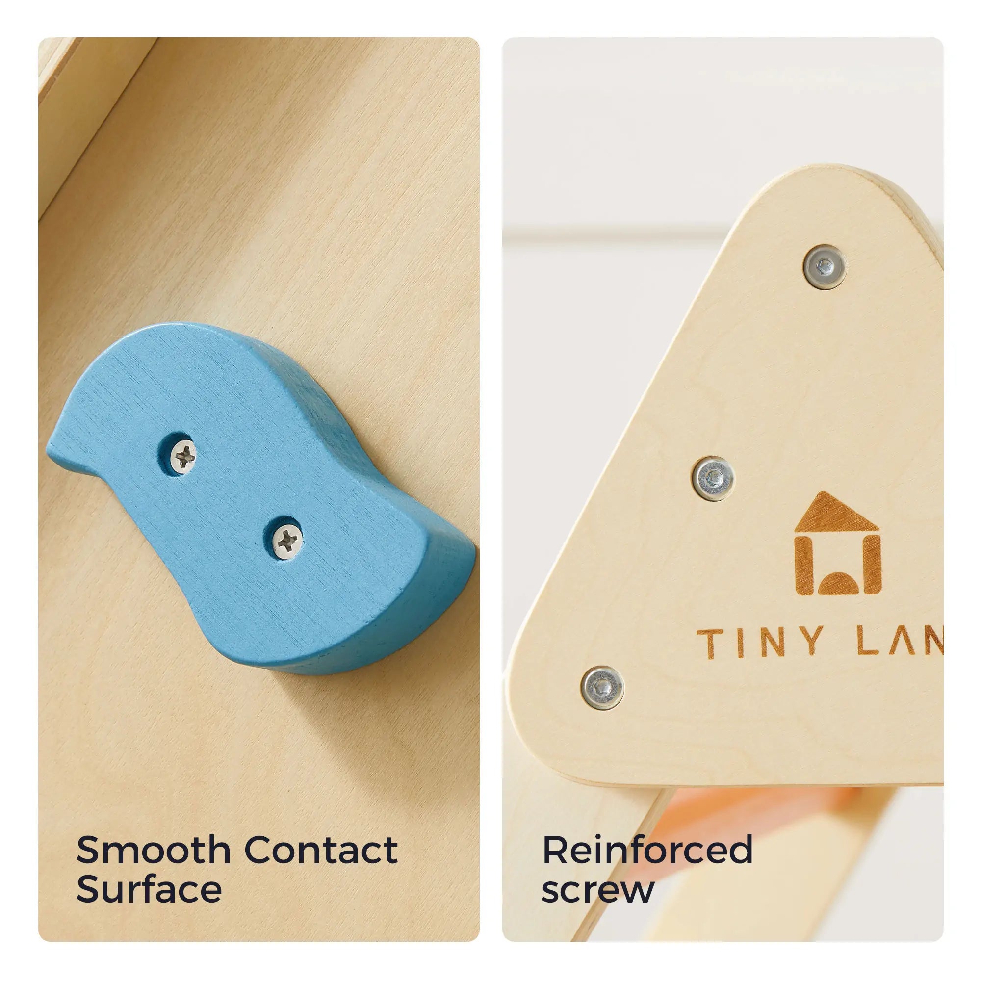Two wooden climbing holds with text describing features on a beige and white background.