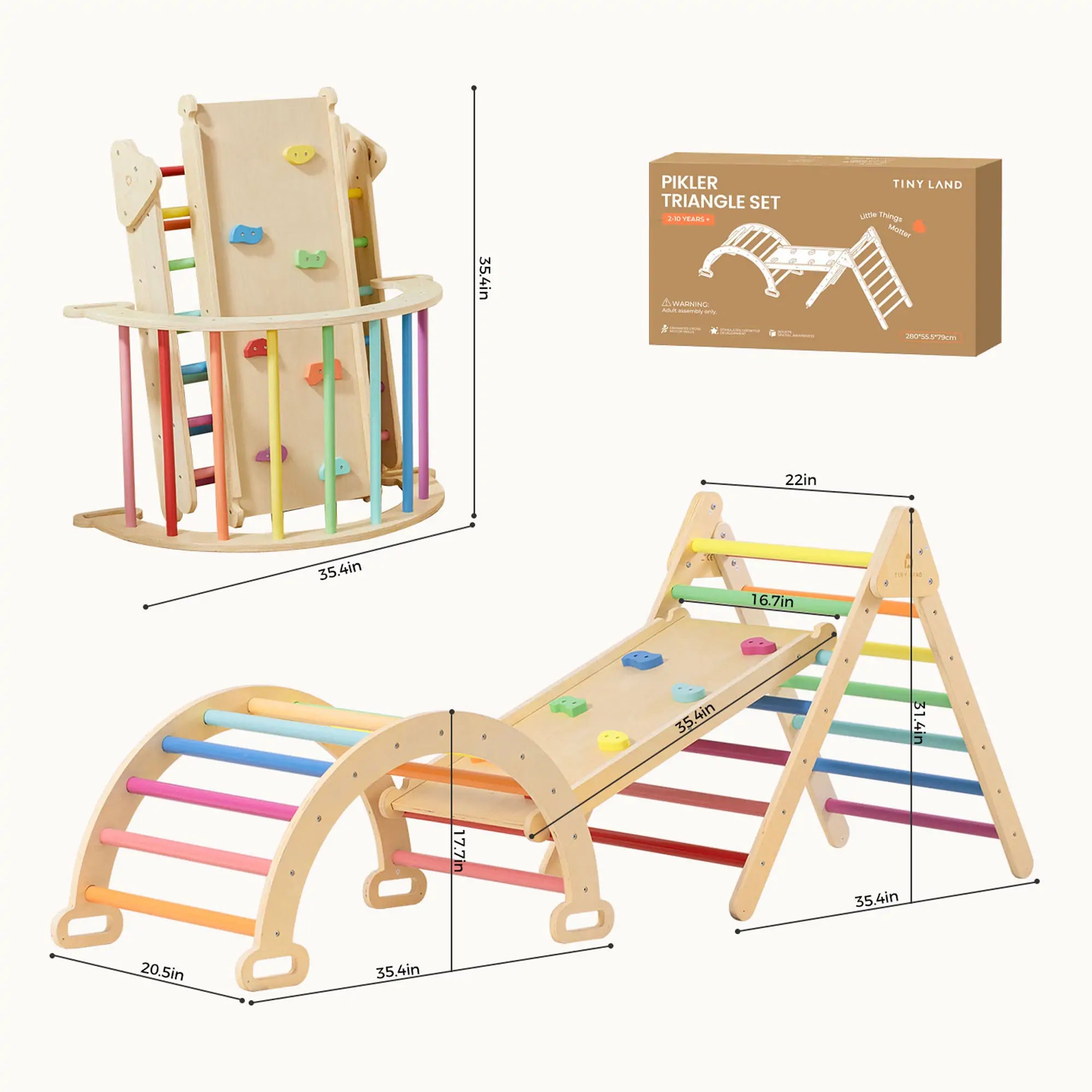 Wooden Pikler Triangle set with dimensions and Tiny Land packaging on a white background