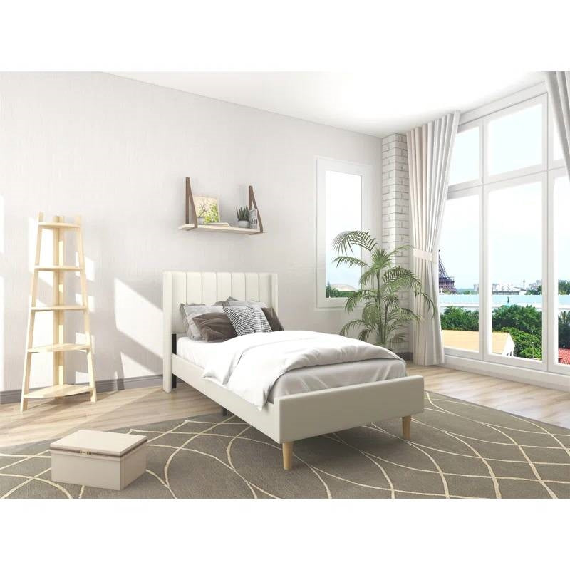Modern bedroom with a white bed, wooden shelf, and large window.