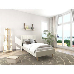 Modern bedroom with a white bed, wooden shelf, and large window.
