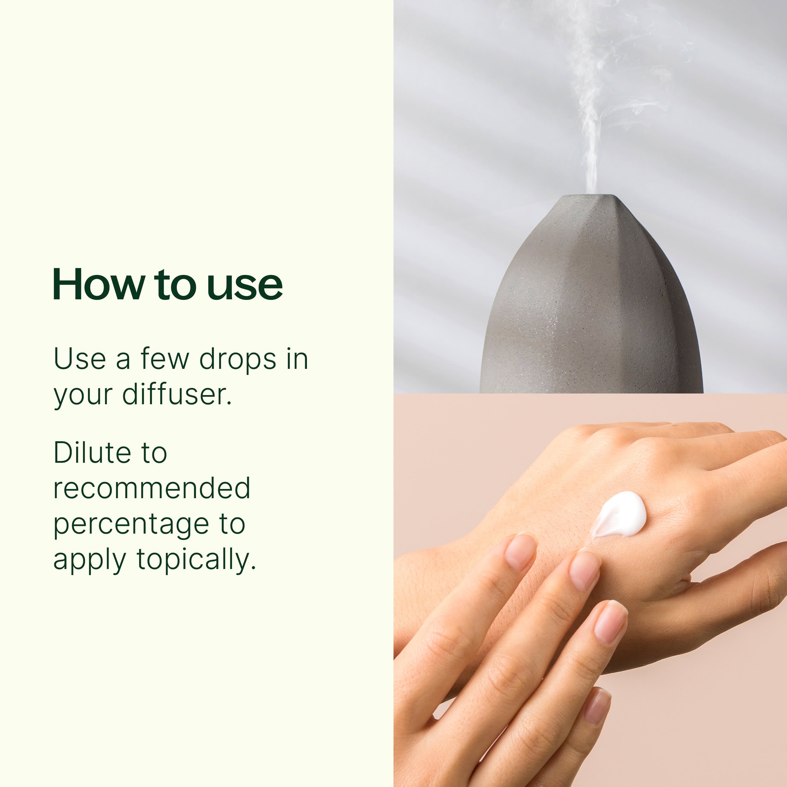Hand applying a small amount of cream to wrist with diffuser in background