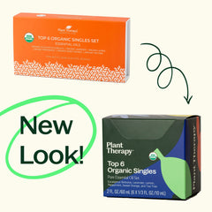 Two boxes of Plant Therapy Top 6 Organic Singles essential oils with an arrow and 'New Look!' text.