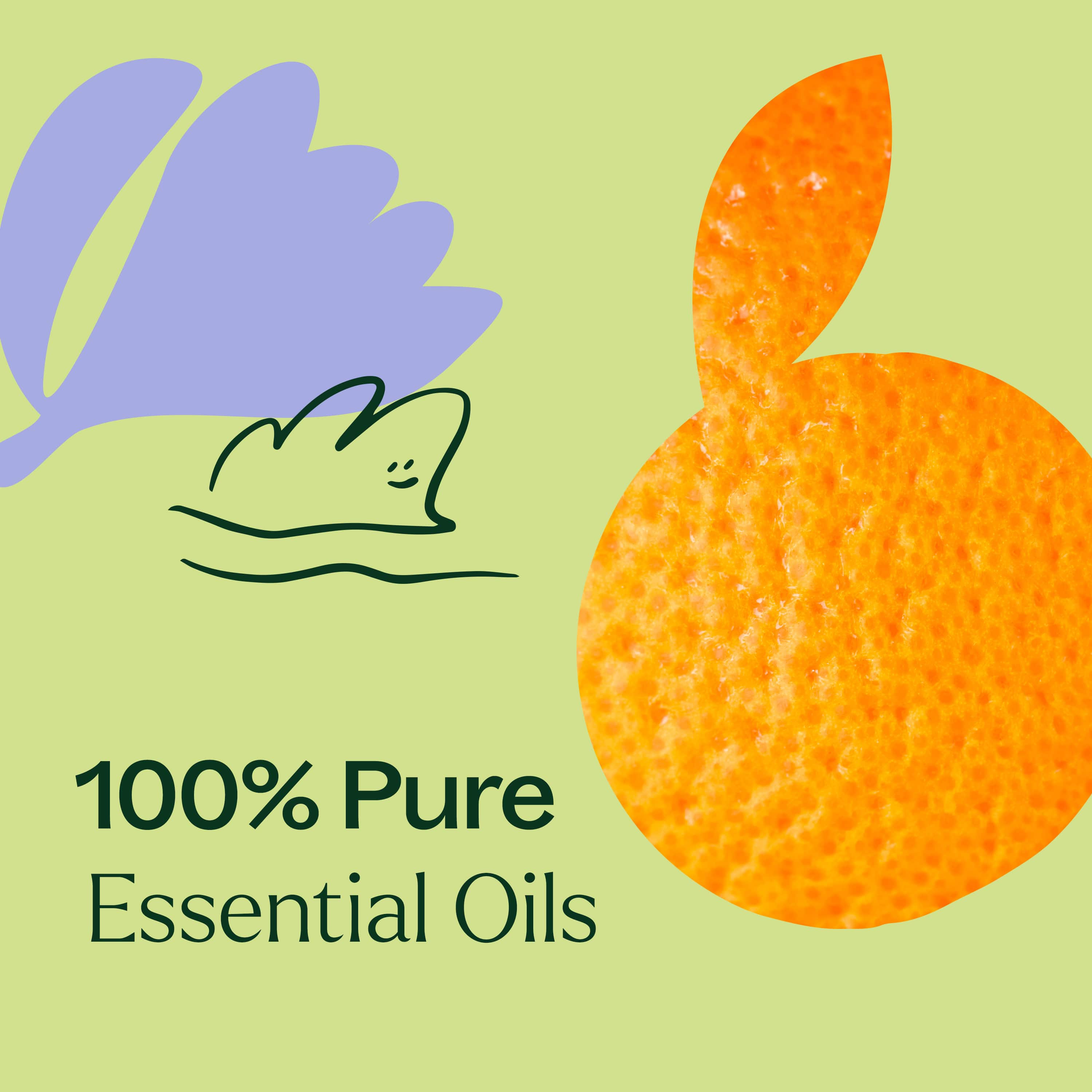 100% Pure Essential Oils label with an orange and a leaf on a green background