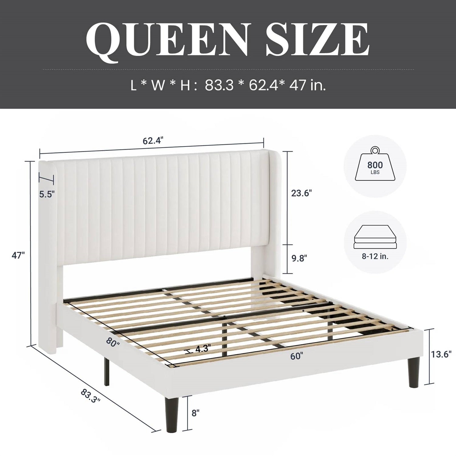 Queen size bed frame with dimensions and weight capacity on a white background
