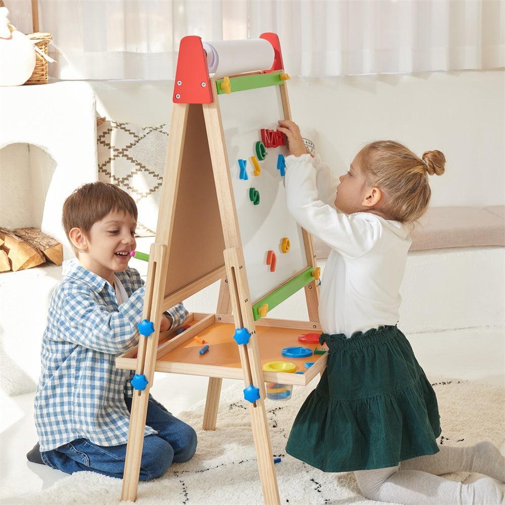 Tiny Land wooden art easel in use in a playroom setting