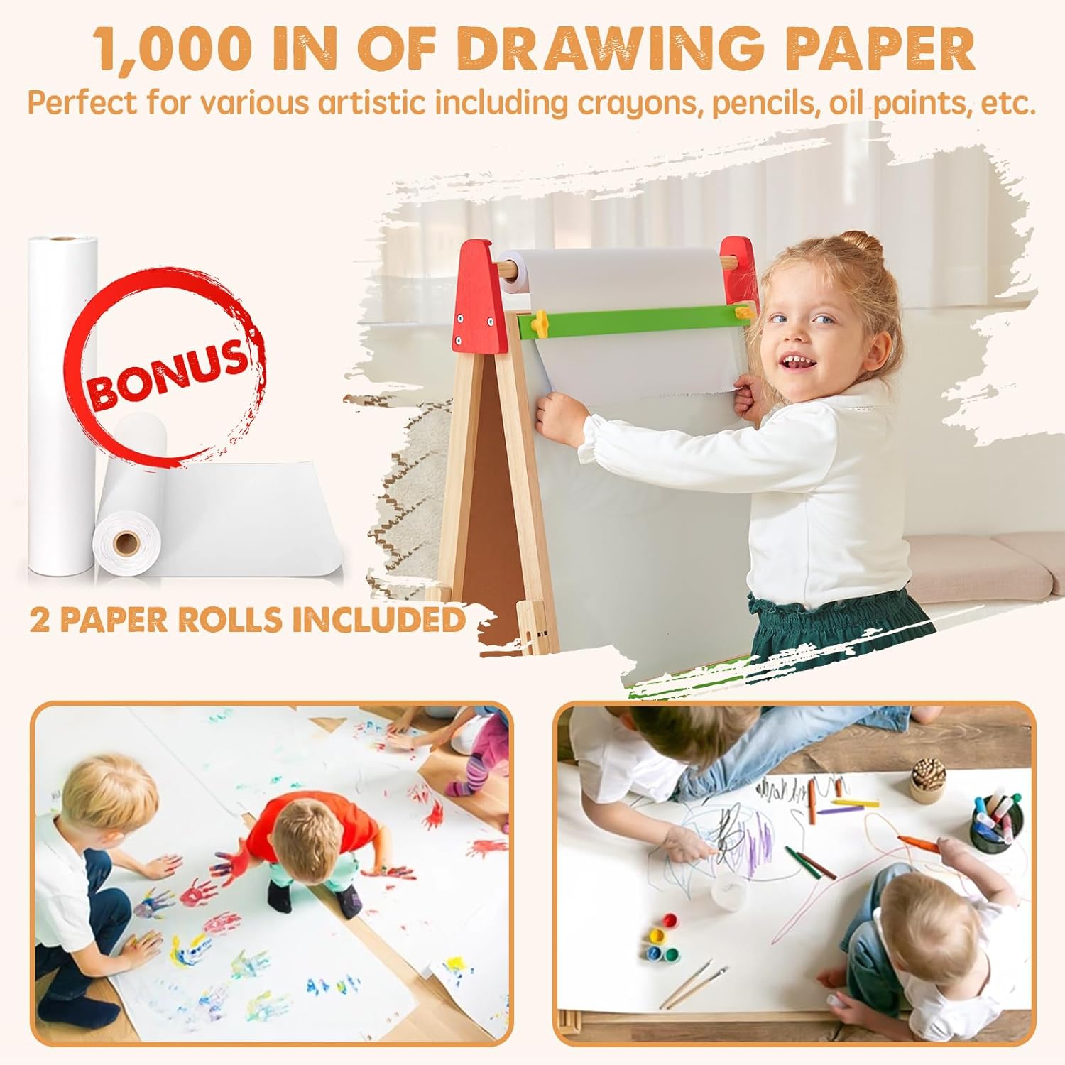 Tiny Land wooden art easel in use in a playroom setting with two included paper rolls