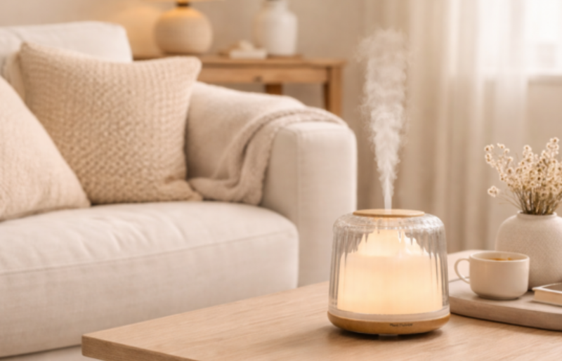 A candle diffuser on a coffee table with a cozy living room setting.