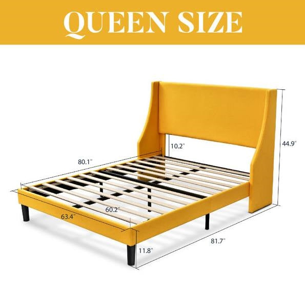 Yellow queen size bed frame with dimensions on a white background
