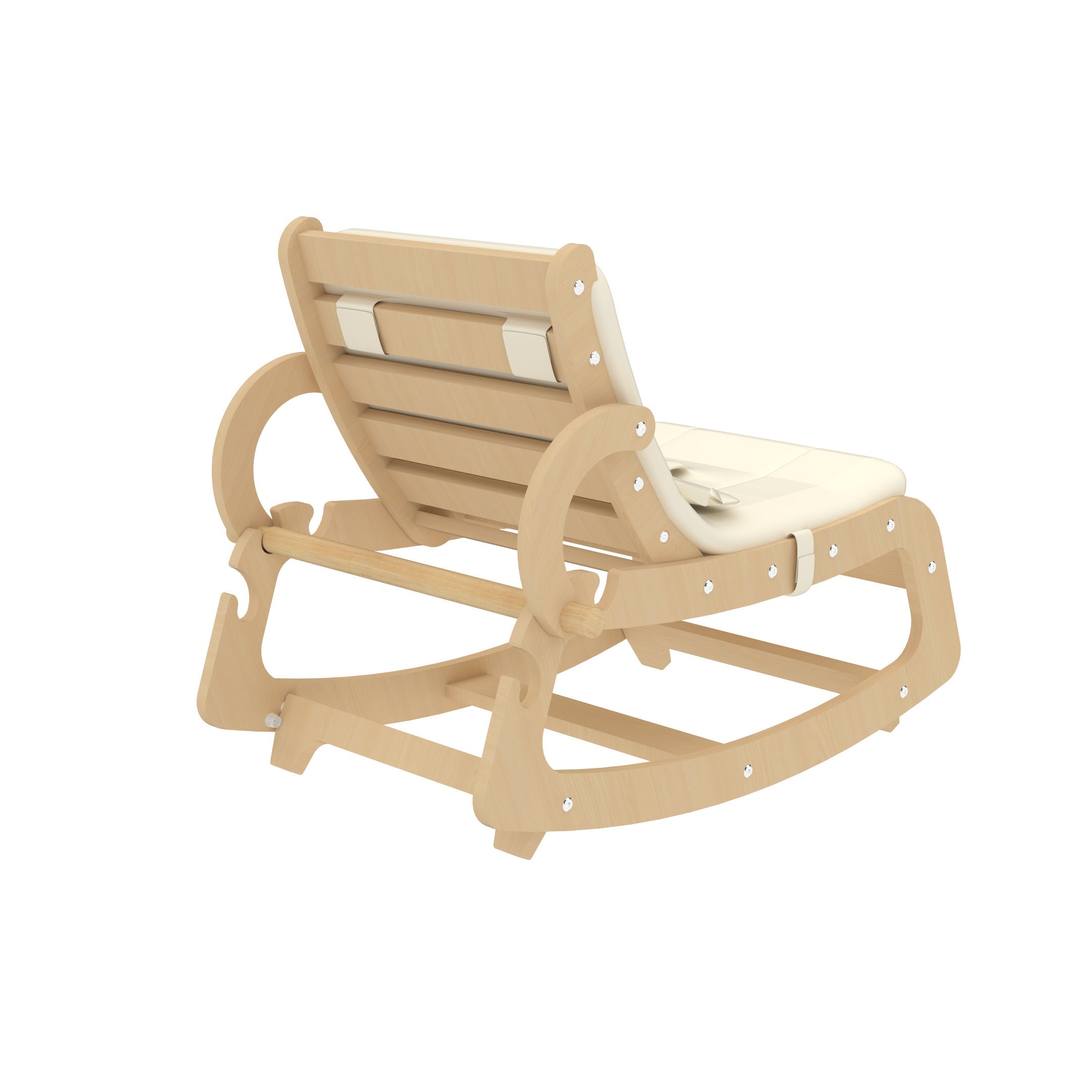 Beige rocking chair with white cushion on a white background