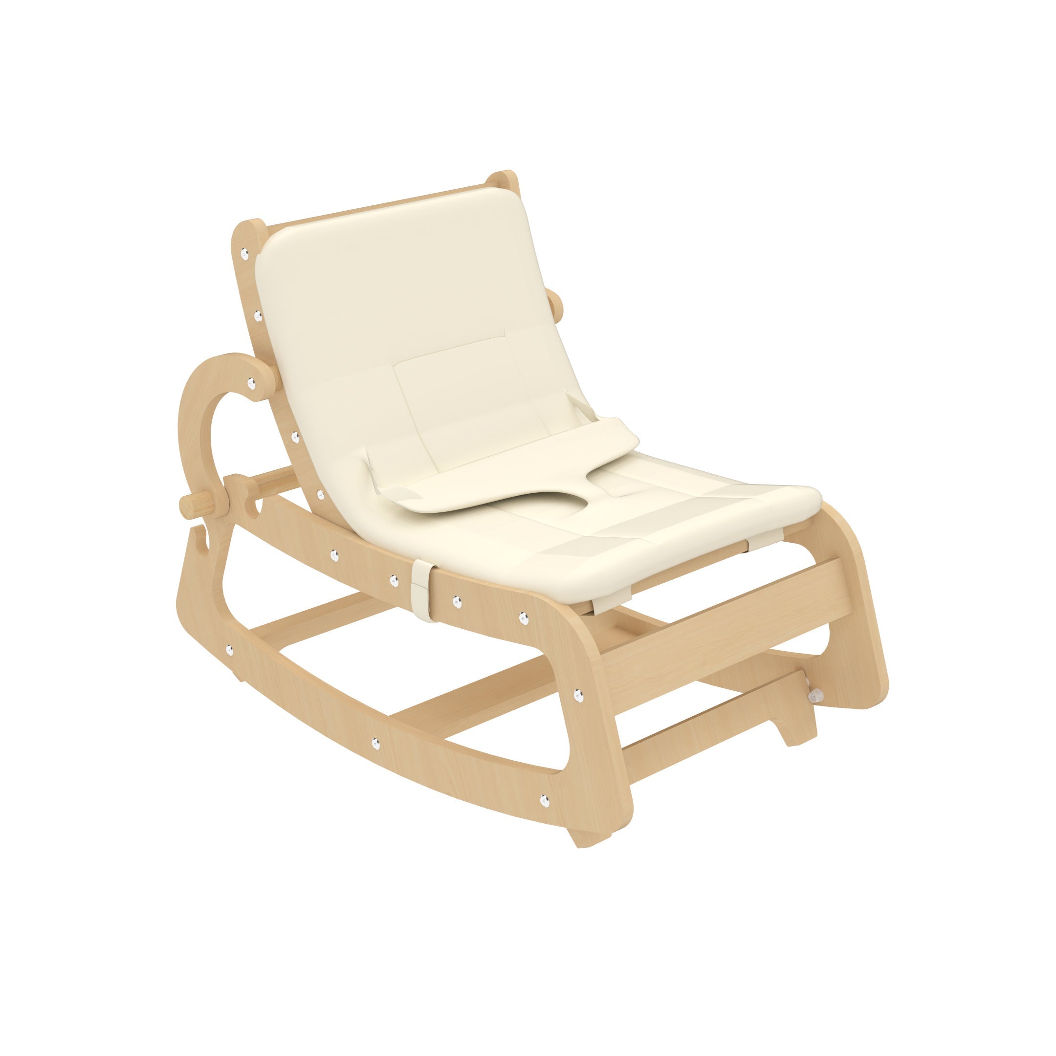 Beige rocking chair with a white cushion on a white background