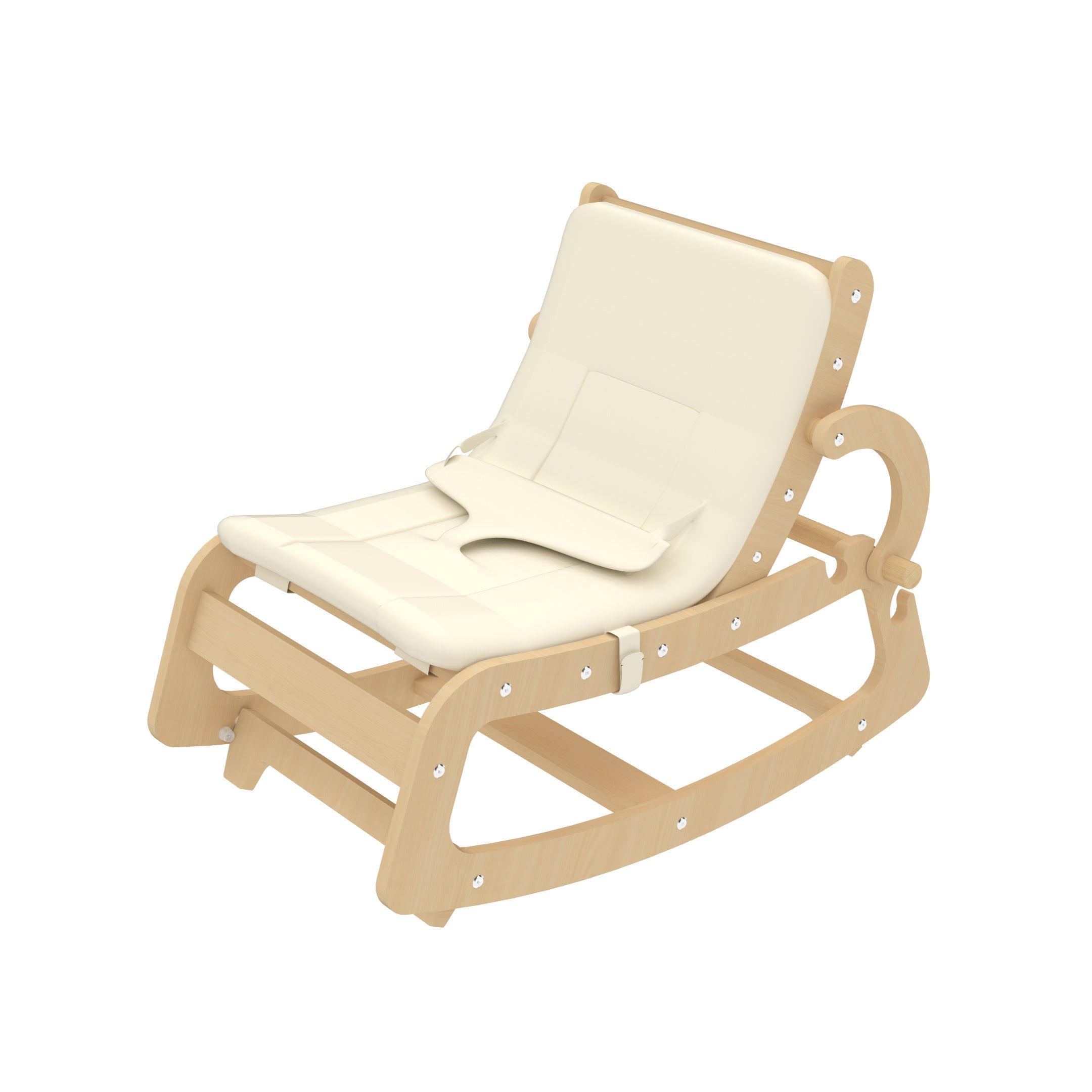 Beige rocking chair with a white cushion on a white background