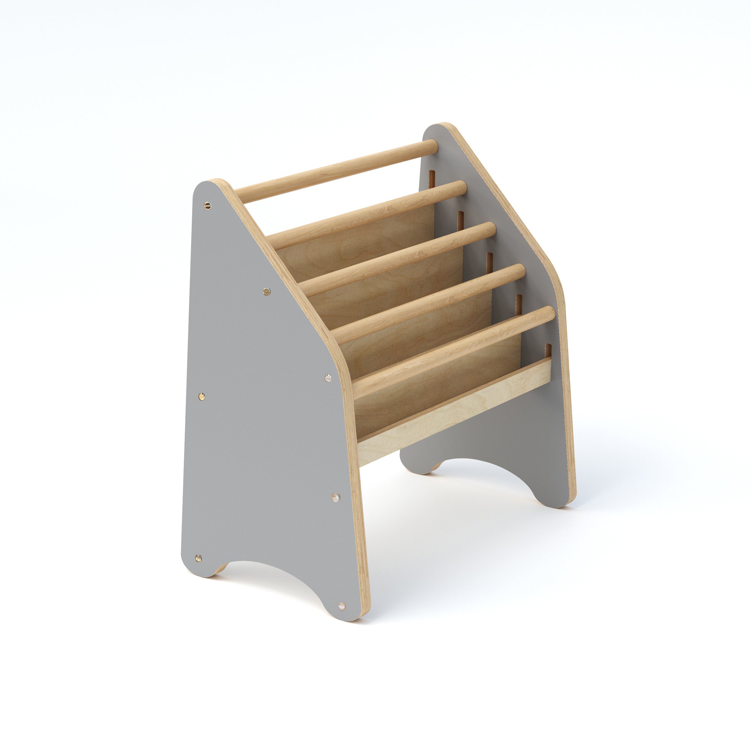 Children's wooden stool with a gray base on a white background