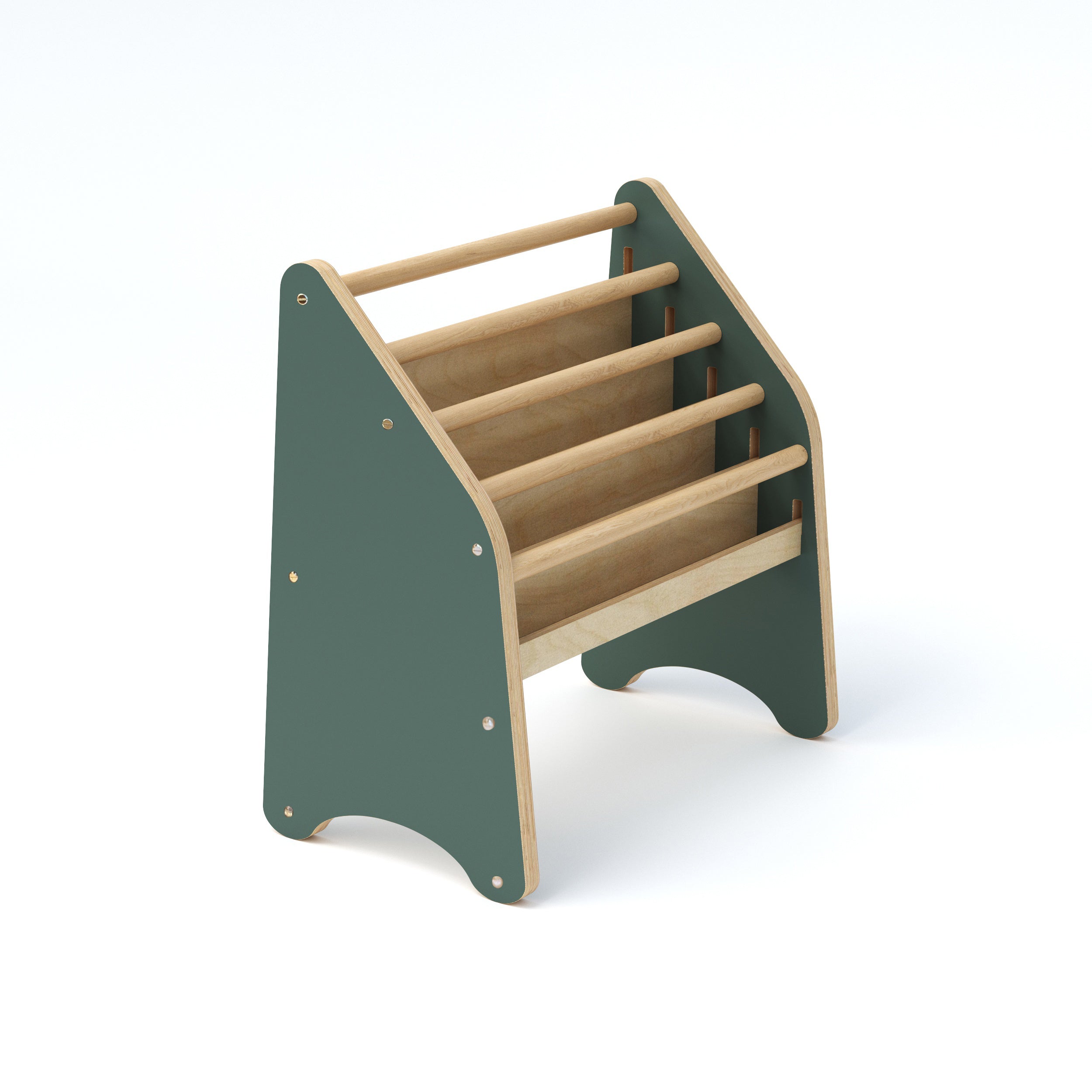 Children's wooden climbing toy with green base and beige steps on a white background