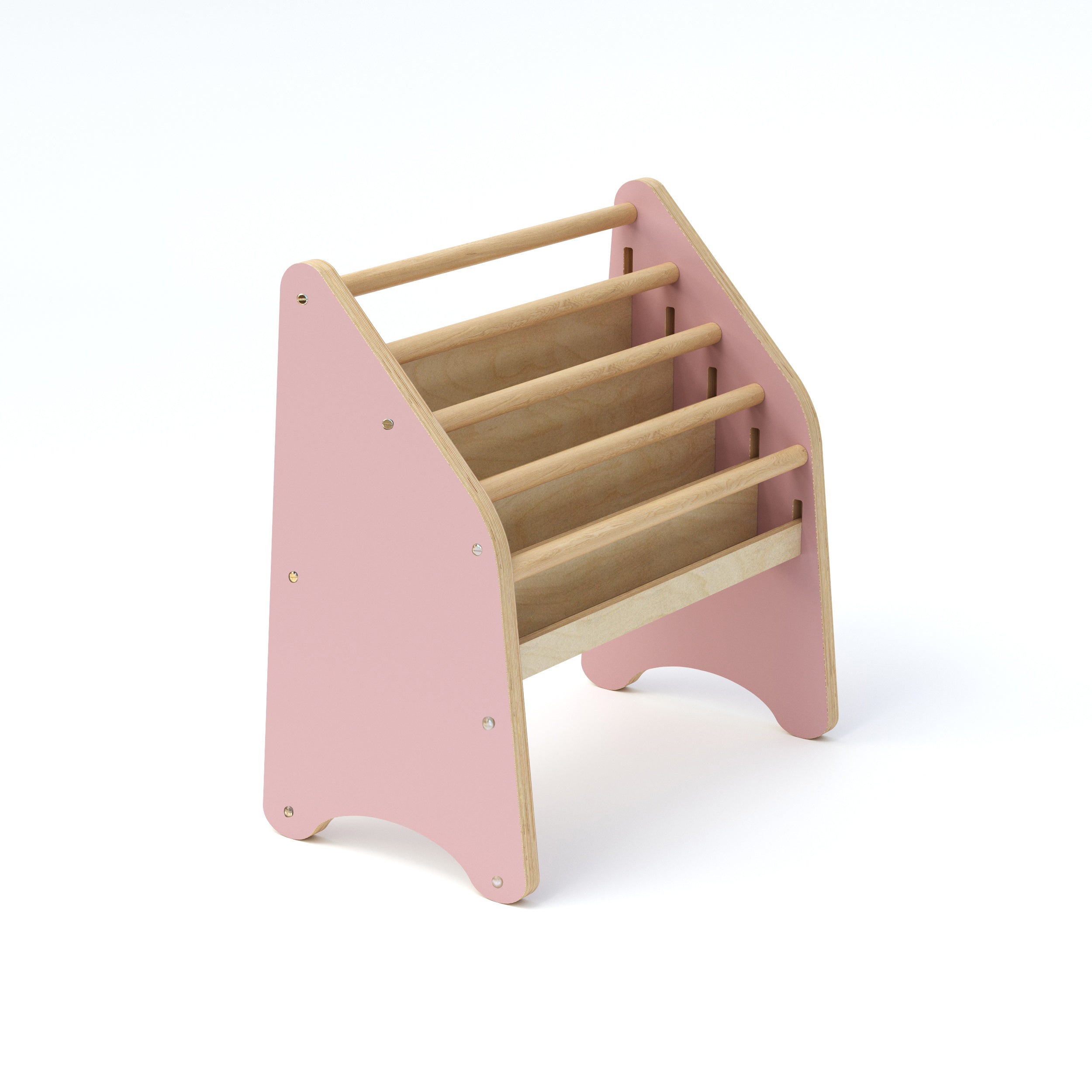 Pink and wooden toy rack on a white background