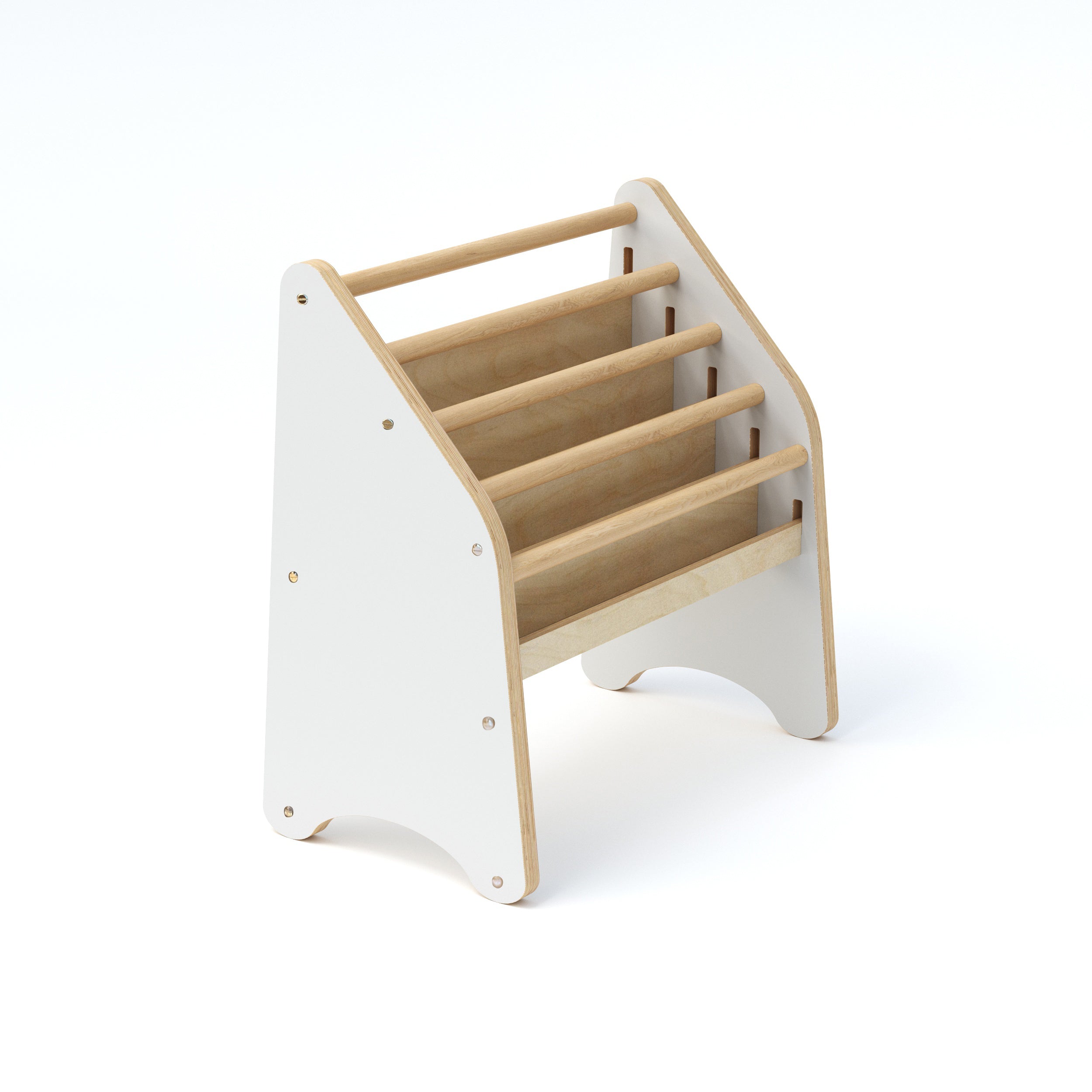 Wooden children's bookshelf with white base on a white background