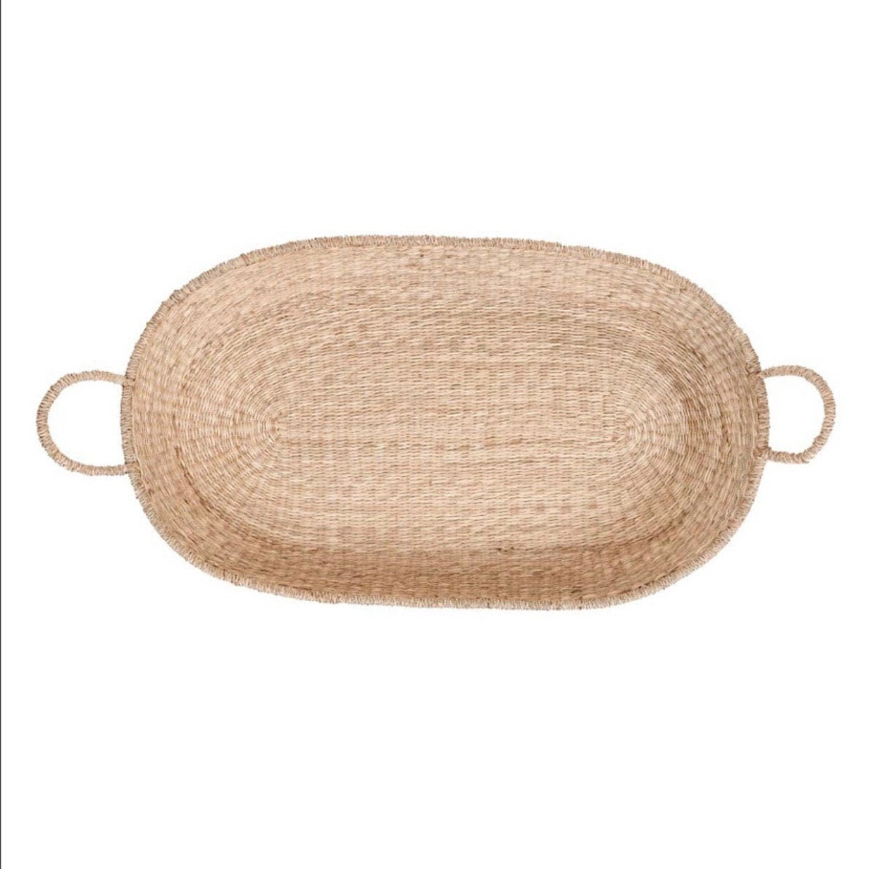 Oval woven basket with handles on a white background