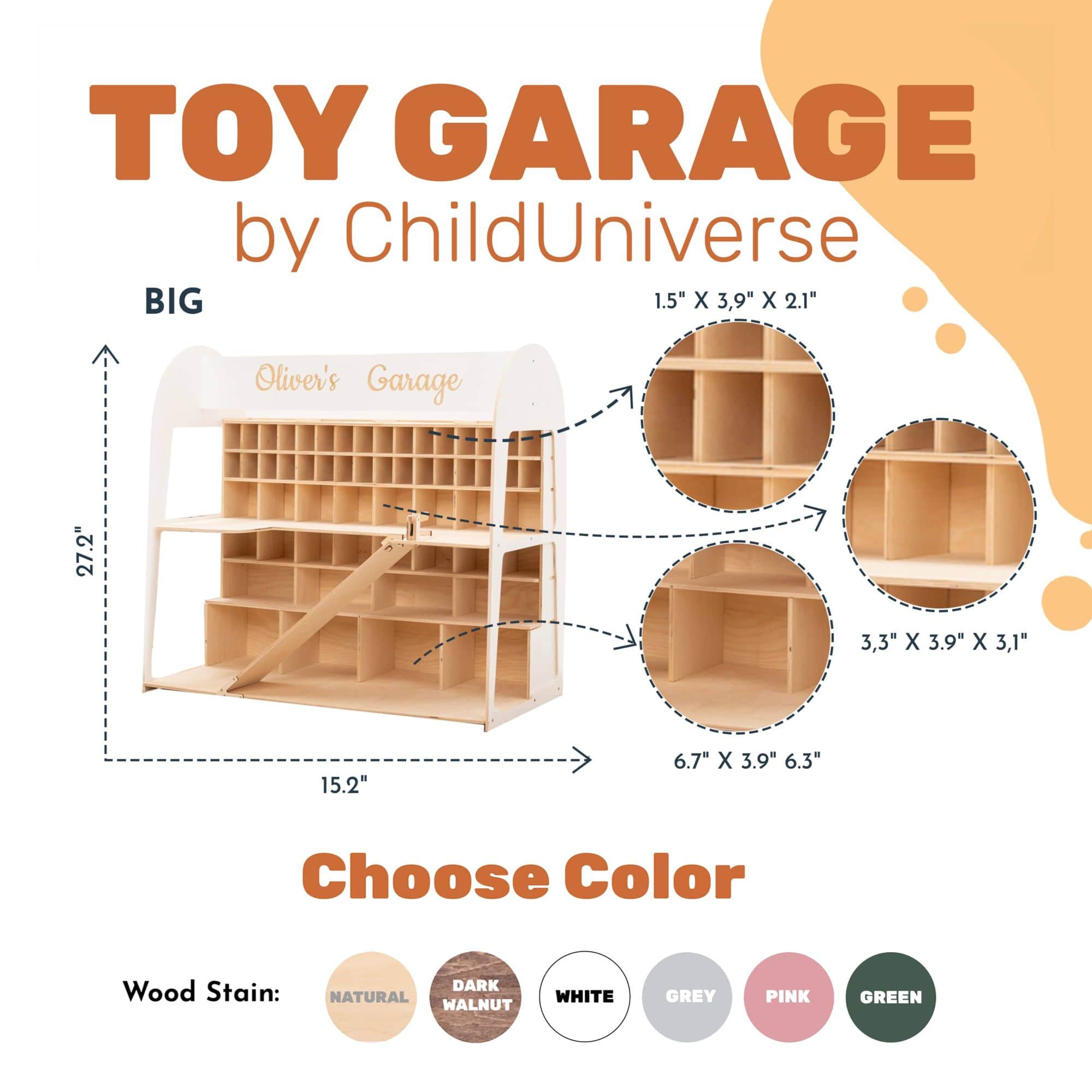 Wooden toy garage with dimensions and color options on a white background