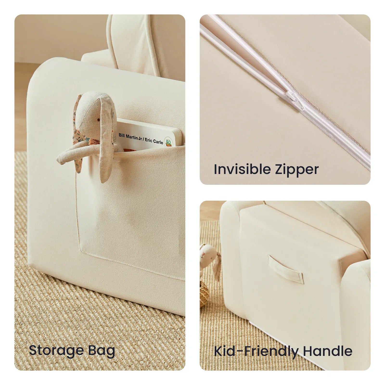 Collage of a beige storage bag with an invisible zipper, storage bag, and kid-friendly handle.
