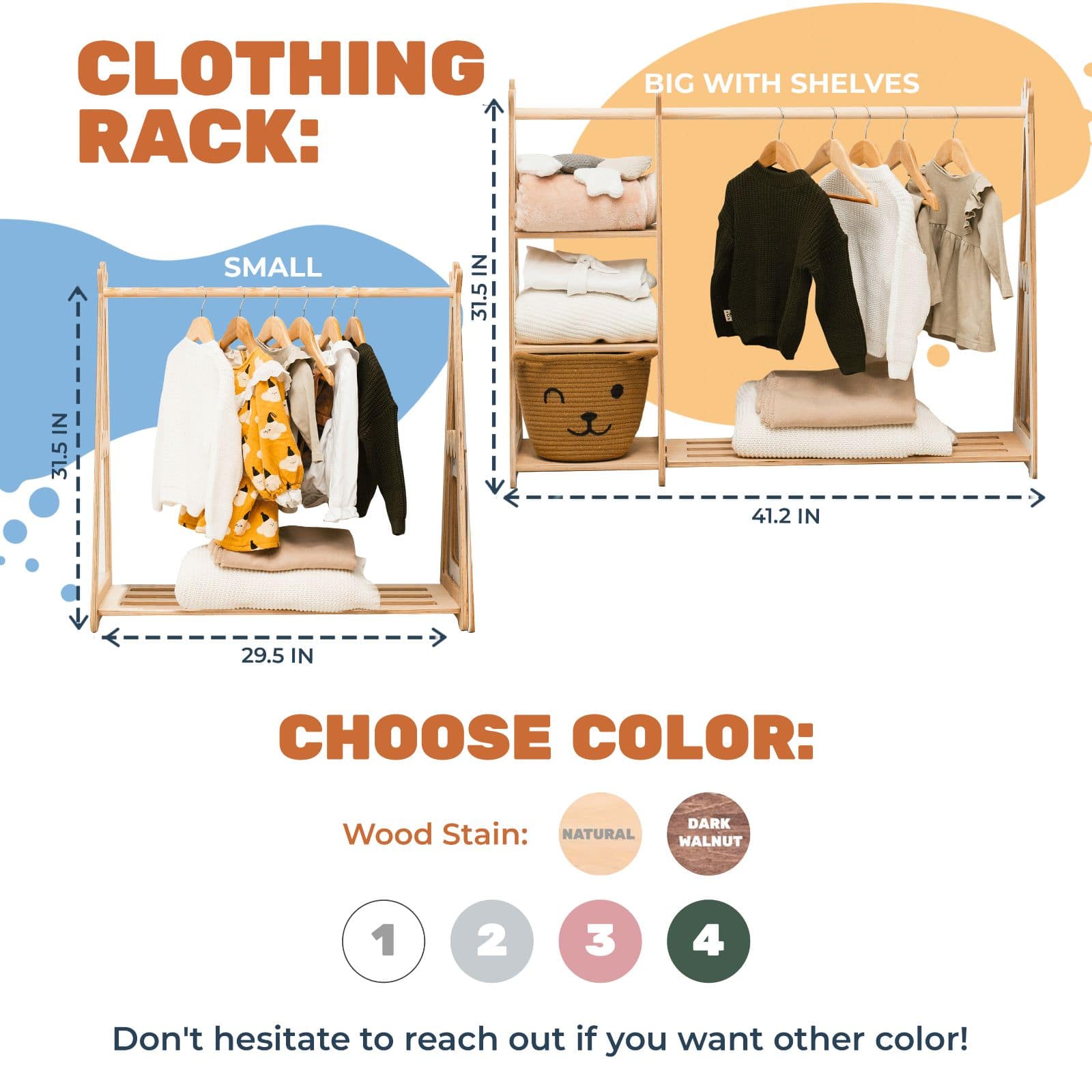 Clothing rack with dimensions and color options displayed on a white background