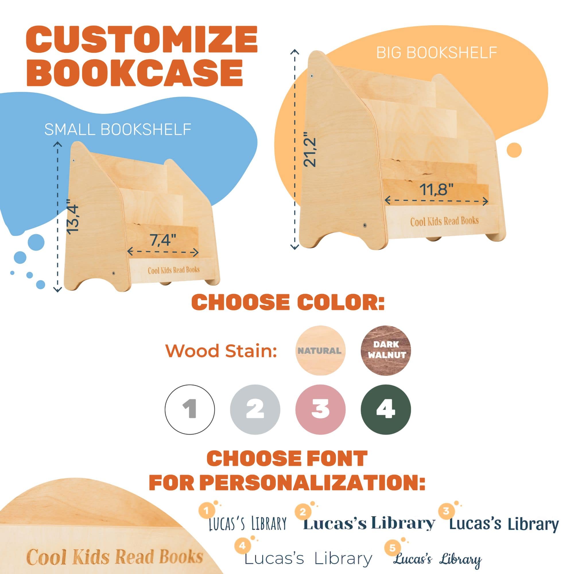 Wooden bookshelf with customizable options for color, stain, and font.