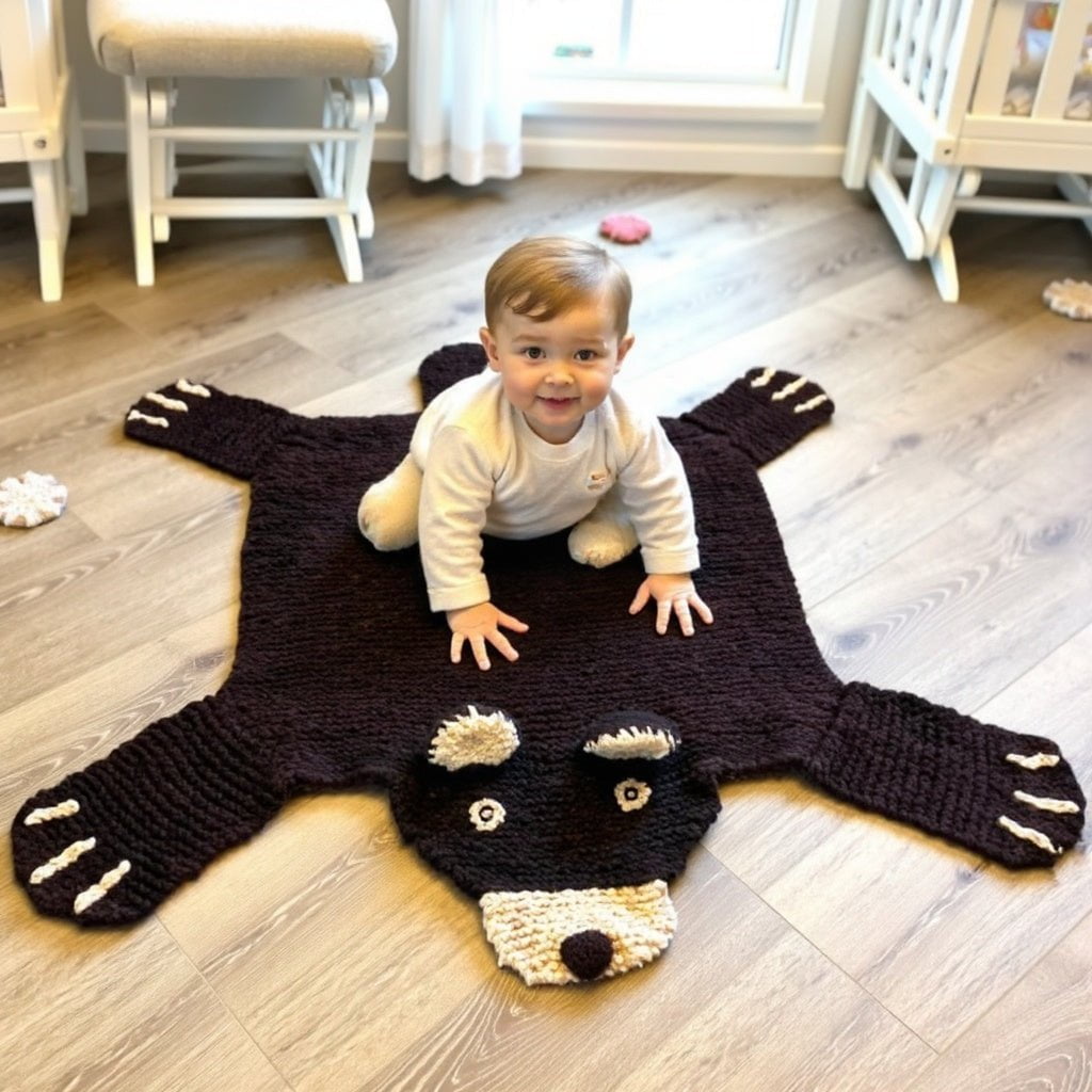 Baby on organic wool brown bear play mat in a calm neutral nursery setting