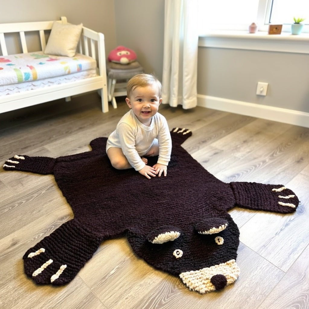 Baby on organic wool brown bear play mat in a calm neutral nursery setting