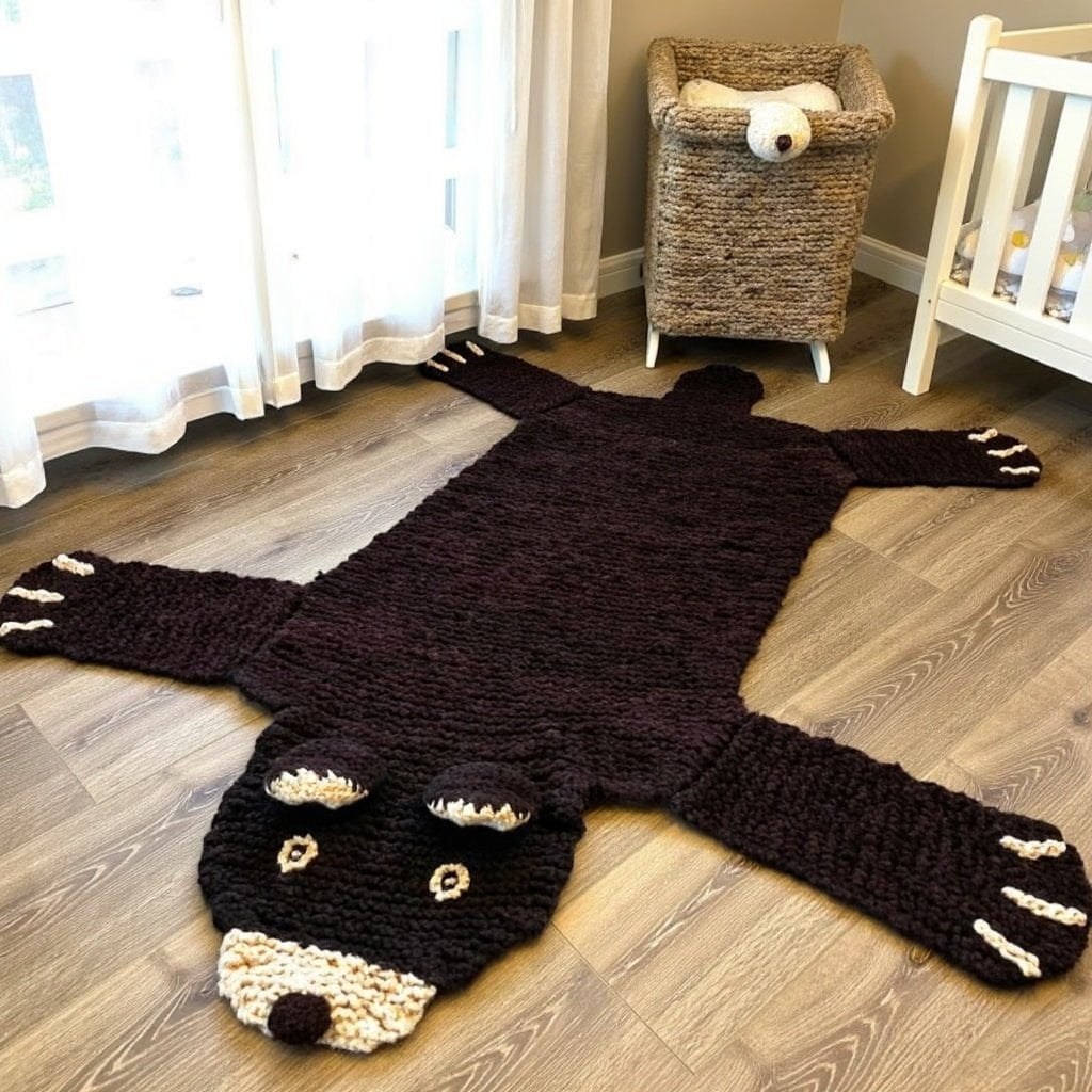 Baby on organic wool brown bear play mat in a calm neutral nursery setting