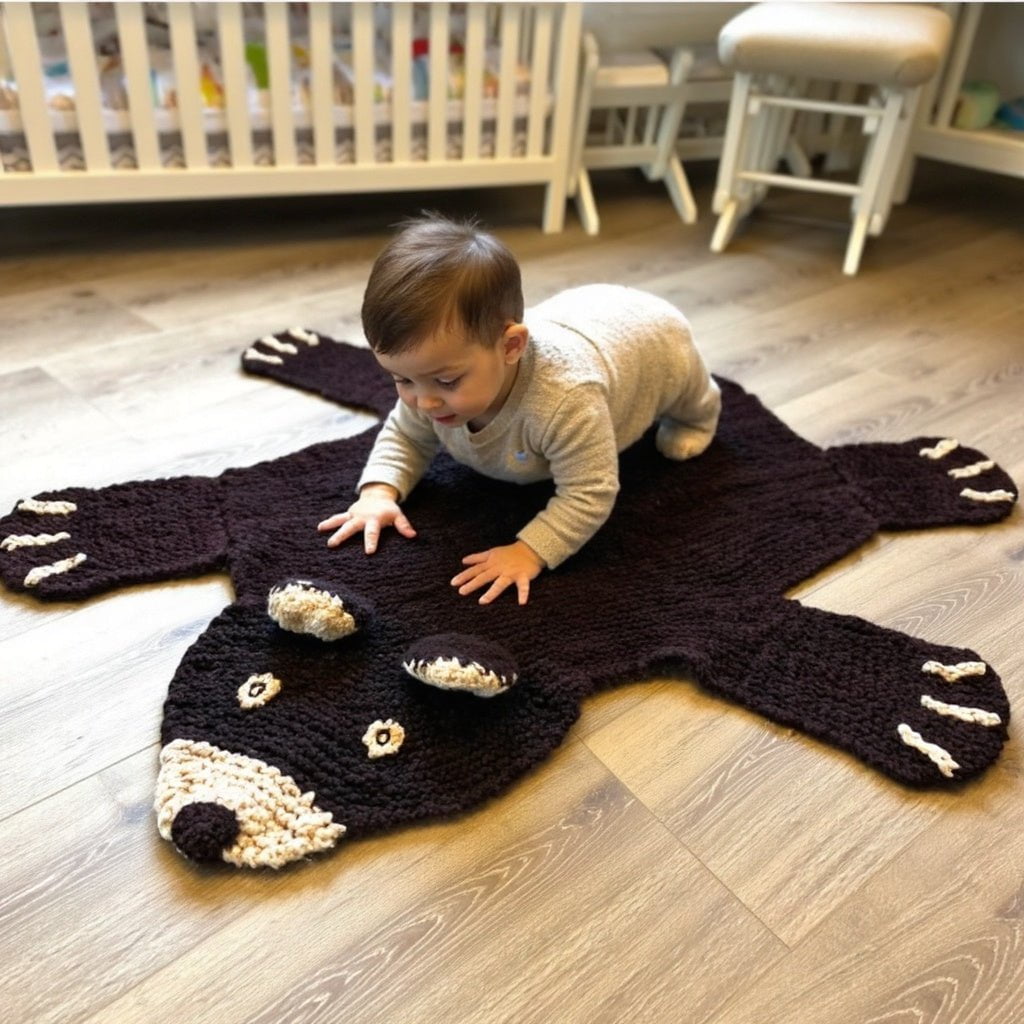 Baby on organic wool brown bear play mat in a calm neutral nursery setting