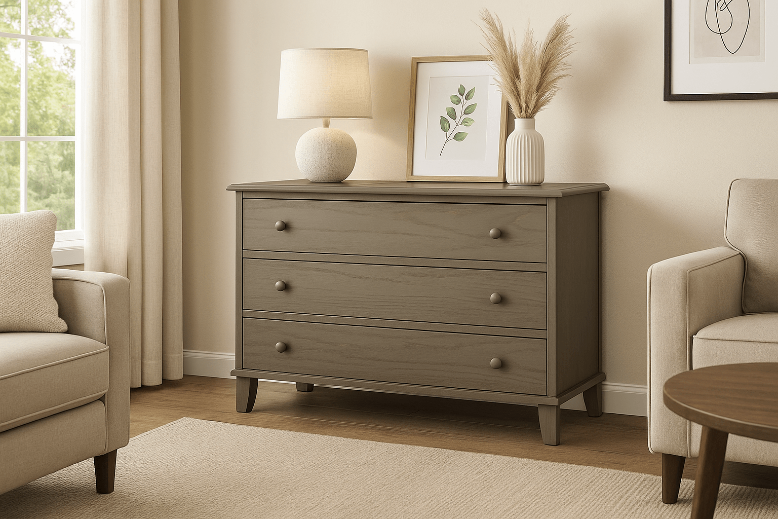 Gray dresser with decor in a living room setting