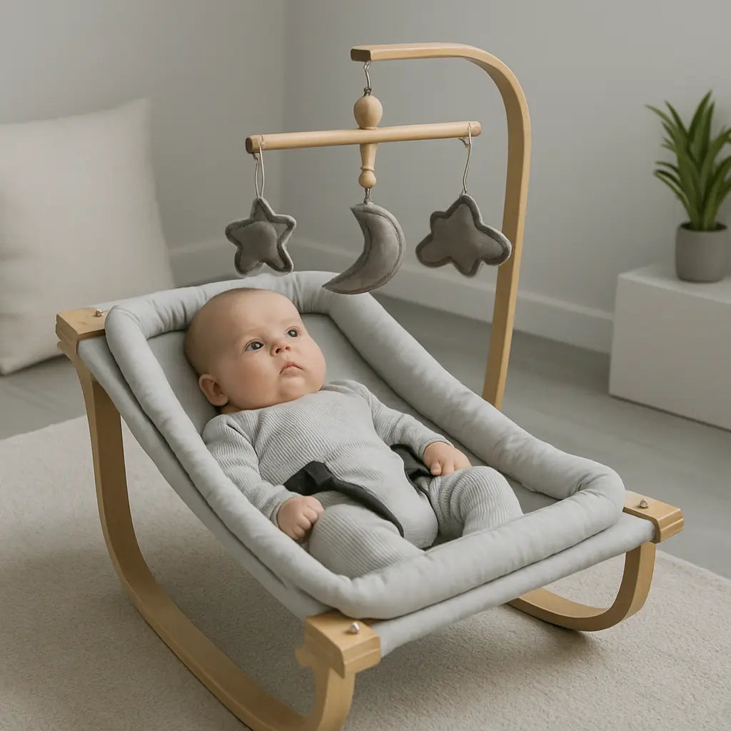 Baby in a gray baby bouncer with wooden frame and star-shaped mobile in a neutral-colored room.