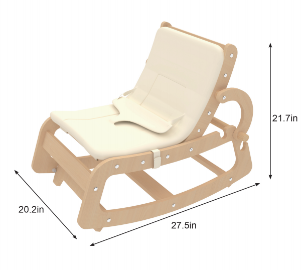 Wooden rocking chair with beige cushion and dimensions on a white background