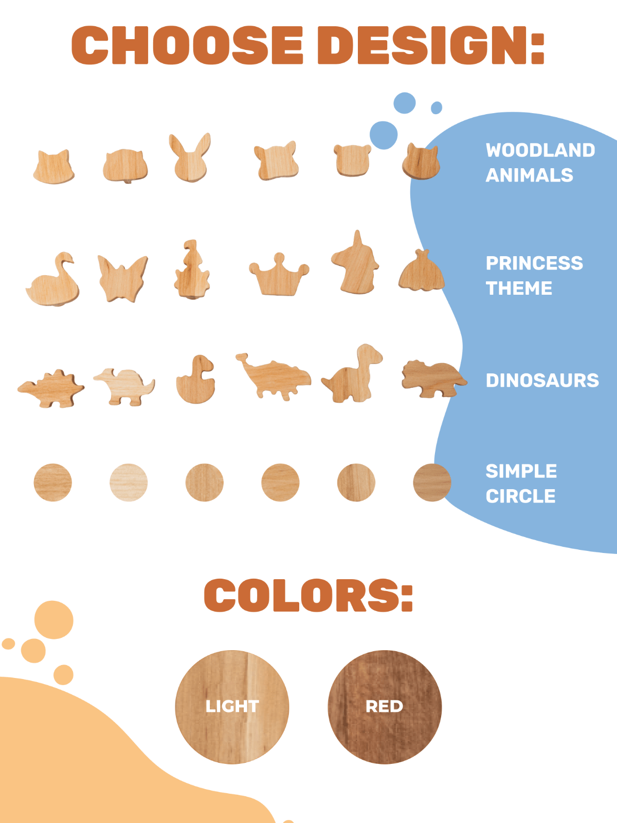 Design selection chart for wooden shapes with animal, princess, dinosaur, and circle themes.