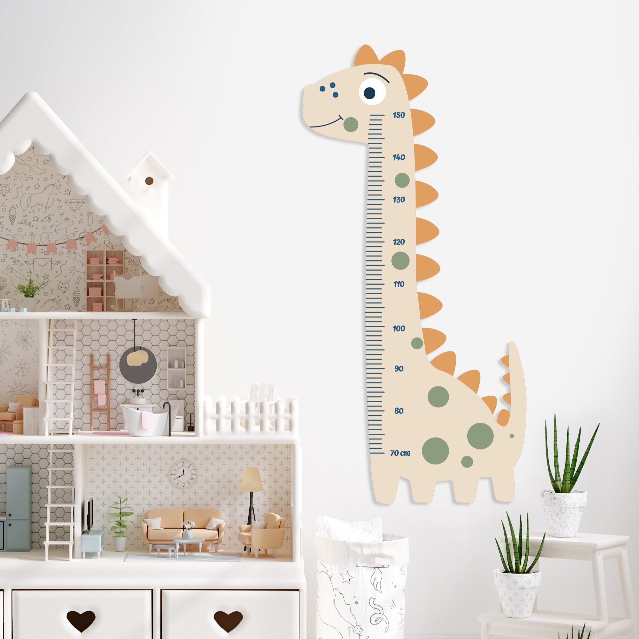 Dinosaur-shaped growth chart on a wall in a child's room with toys and furniture.